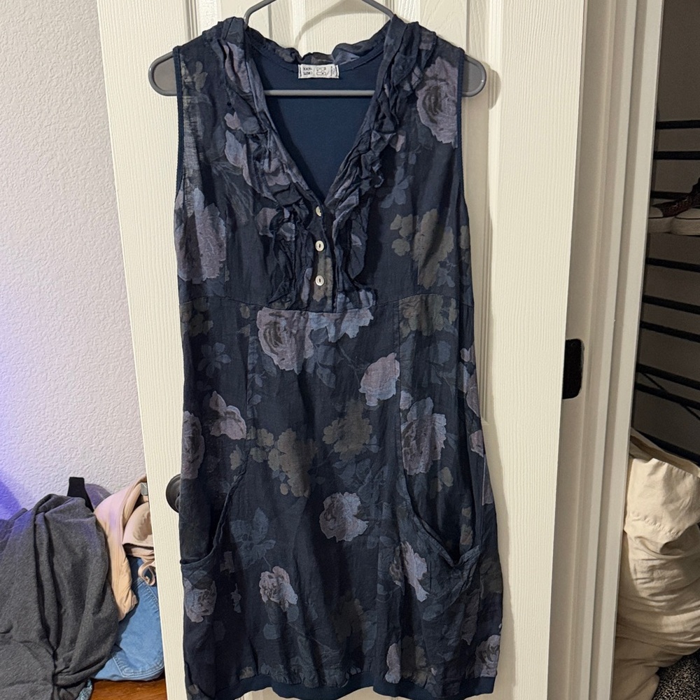 Floral Sleeveless Dress with Ruffle Detail 100% Linen